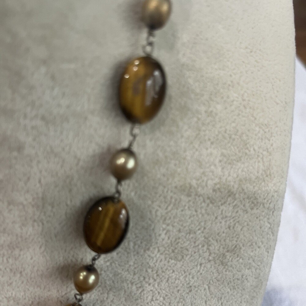 Tiger Eye Pendant‎ Necklace Freshwater Pearl Sterling Silver 925 Statement - Picture 3 of 6